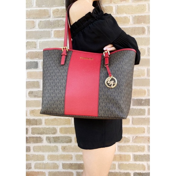 Michael Kors Handbags - Michael Kors Jet Set Travel Medium Carryall Tote Brown MK Signature Scarlet Red